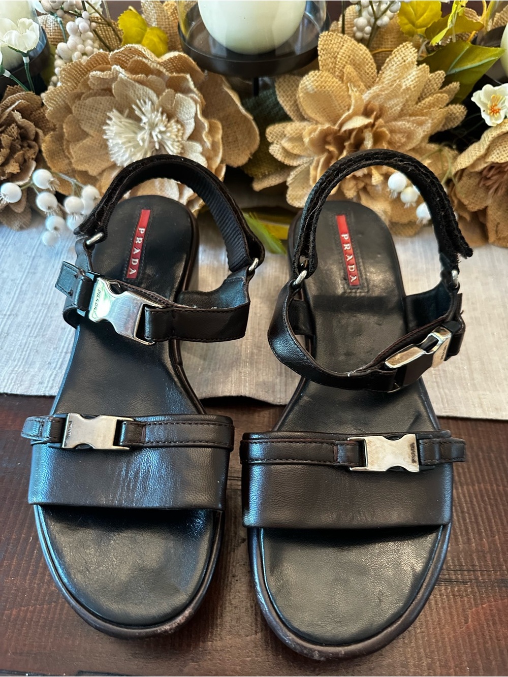 Prada Linea Rossa Dark Brown Leather Buckle Sandals